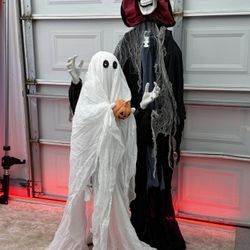 Brand New VINGLI 6 FT Halloween Animatronics Grim Reaper with Levitating Ghost — Sound Activated Life Size Skeleton Reaper Outdoor Halloween SKU498