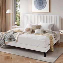 Queen Velvet Upholstered Platform Bed Frame with Vertical Line Tufted Wingback Headboard, Strong Wooden Slats, and No Box Spring Needed