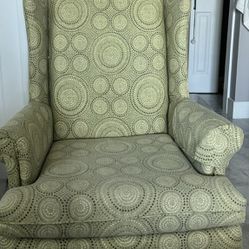 Traditional Classic Wingback Chair In Green And Beige Upholstery