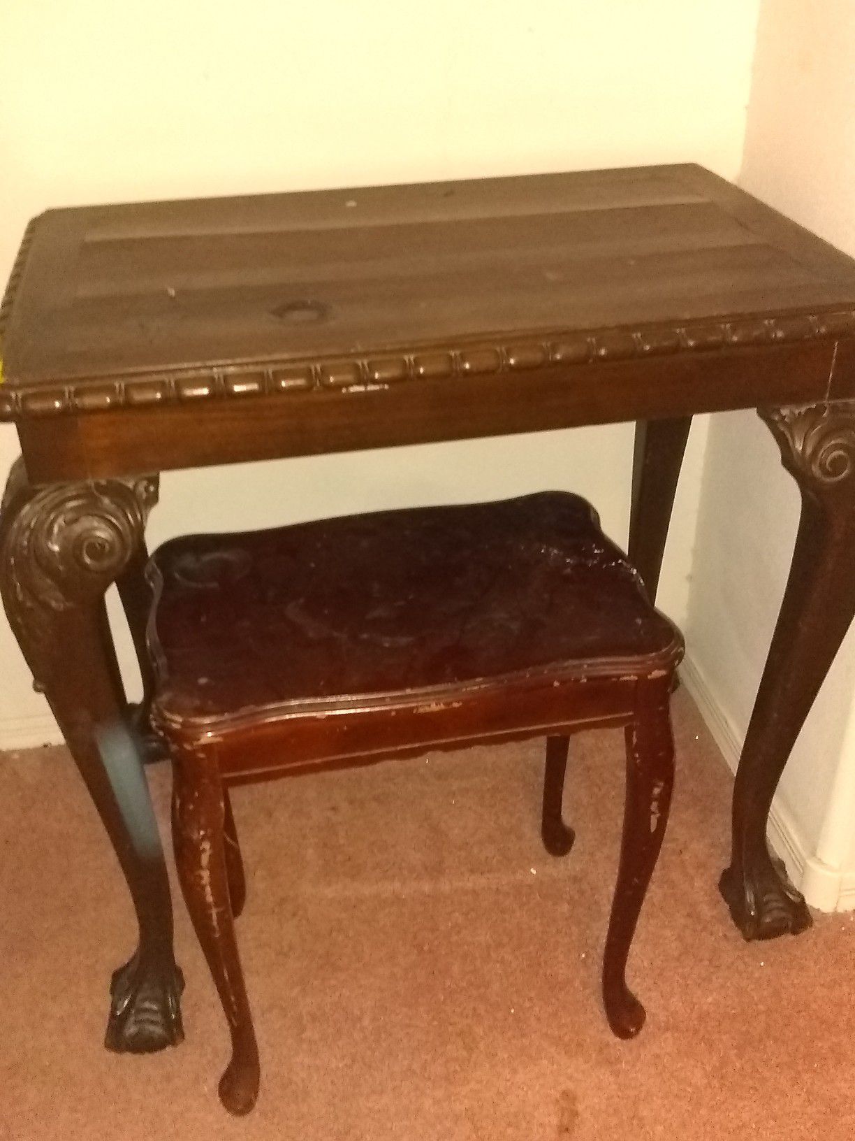 Antique wood table and chair with claw legs
