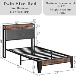 LIKIMIO Twin Bed Frames, Storage Headboard with Charging Station, Solid and Stable, Noise Free, No Box Spring Needed, Easy Assembly(0007)