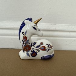 Vintage Porcelain Unicorn Figurine Floral Pattern Gold Detail Folk