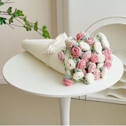 Crochet Flower Bouquet Throw Blanket, 60 inches,  Handmade Knitted Blanket with Rose Flowers, Cute Romantic Gift for Her Girlfriend Mom Mother’s Day V