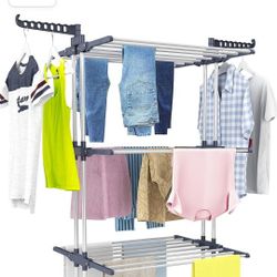 HOMIDEC Clothes Drying Rack, Oversized 4-Tier(67.7" High) Foldable Stainless Steel Movable Drying Rack with 4 castors, 24 Drying Poles & 14 Hooks for 