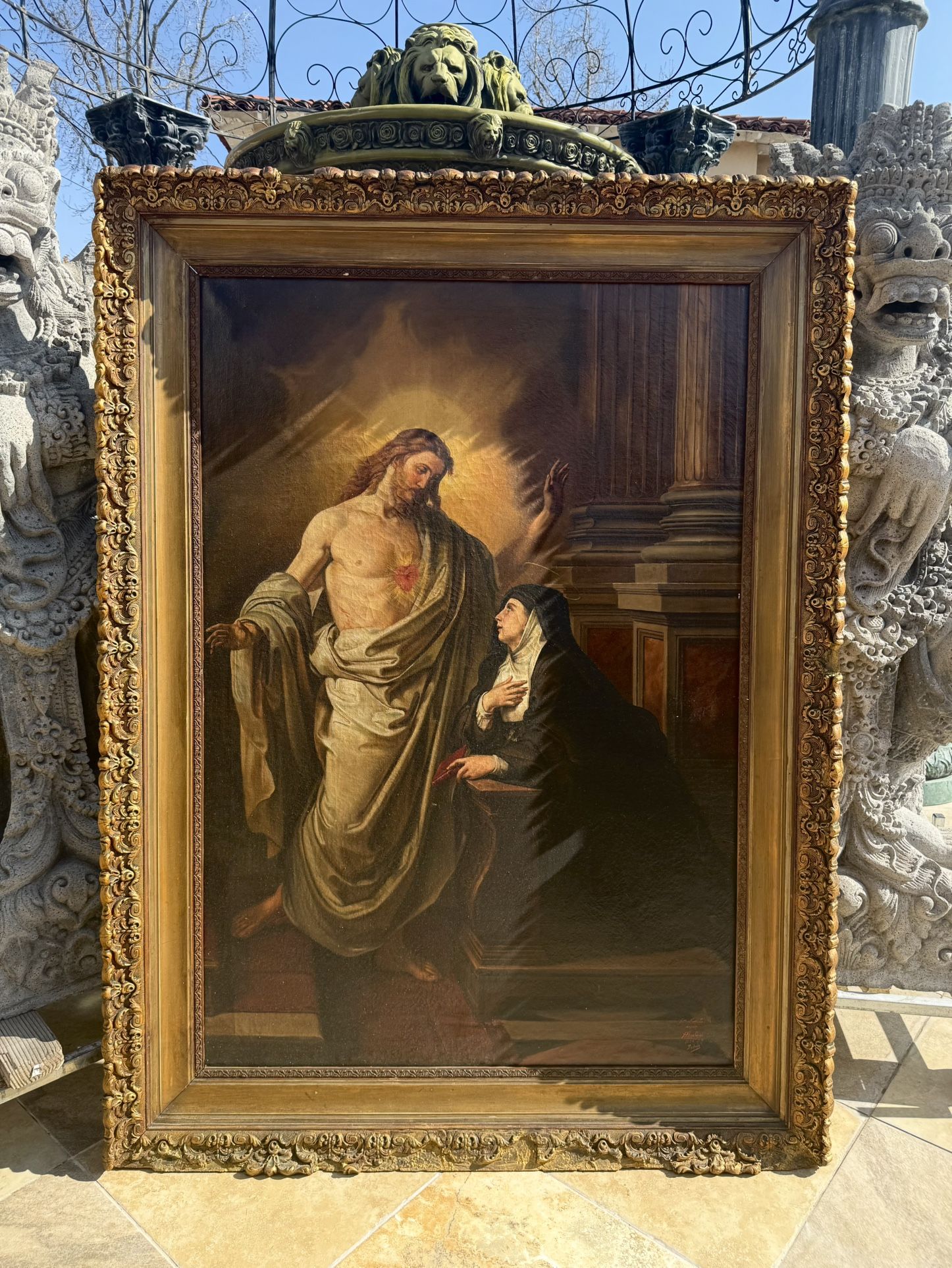 Antique Religious Oil Painting of Sacred Heart of Jesus with Mary Signed 1886