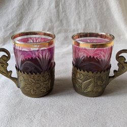 Set of 2 Antique Red Purple Cut Glass Coffee Cups