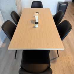 Modern Light-Wood Dining Table + 6 Black Faux Leather Dining  Chairs — Excellent Condition
