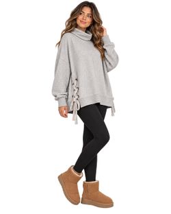 Free People So Plush Lace Up Tunic Sweatshirt Large Gray Oversized Cowl Neck