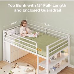Low Loft Bed with 6 Storage Drawers, Twin Loft Bed with LED Lights, White 