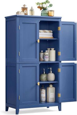 Bathroom Floor Storage Cabinet with 4 Doors, Cloud White Freestanding Bathroom Storage Unit, Adjustable Shelf, 23.6 x 11.8 x 43.3 Inches, HELAN Collec