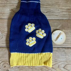 FASHION PET Blue Yellow Knit Paw Print Turtleneck Sweater Dog Size S 10"-12"