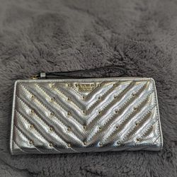 Victoria's Secret quilted metallic silver, studded gold wristlet wallet clutch

