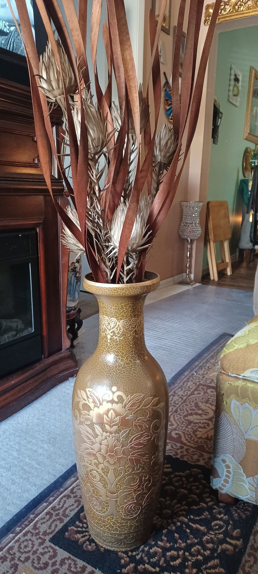 Beautiful  Bronze & Gold Ceramic Vase with Sticks