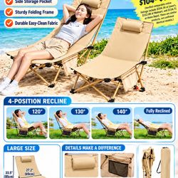 WTVIDAS 2 Pack Beach Chairs Oversized High Back Beach Reclining Chair with Adjustable Backrest Low Folding Camping Chairs for Beach Lawn Outdoor
