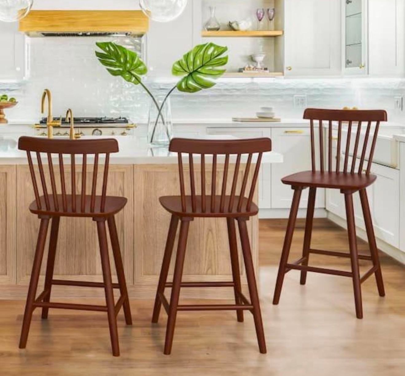 Set Of 3 24 in. Brown Wood Counter Stools Bar Stools with Slat Back