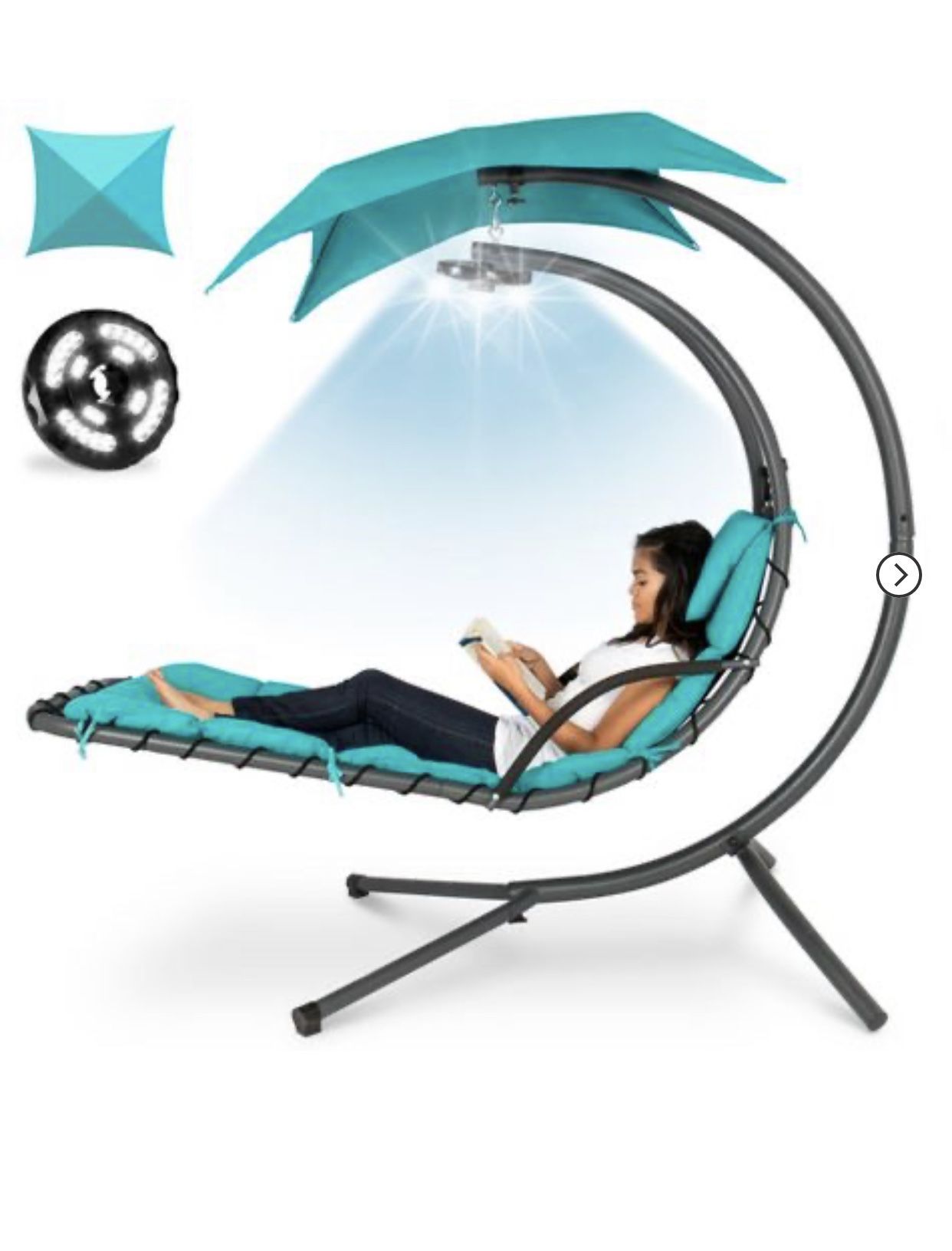 2 Best Choice Products Hanging LED-Lit Curved Chaise Lounge Chair for Backyard, Patio w/ Pillow, Canopy, Stand