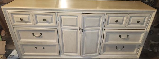 Vintage Whitewashed Triple Dresser / Credenza – Solid Pickled Oak & Brass Hardware