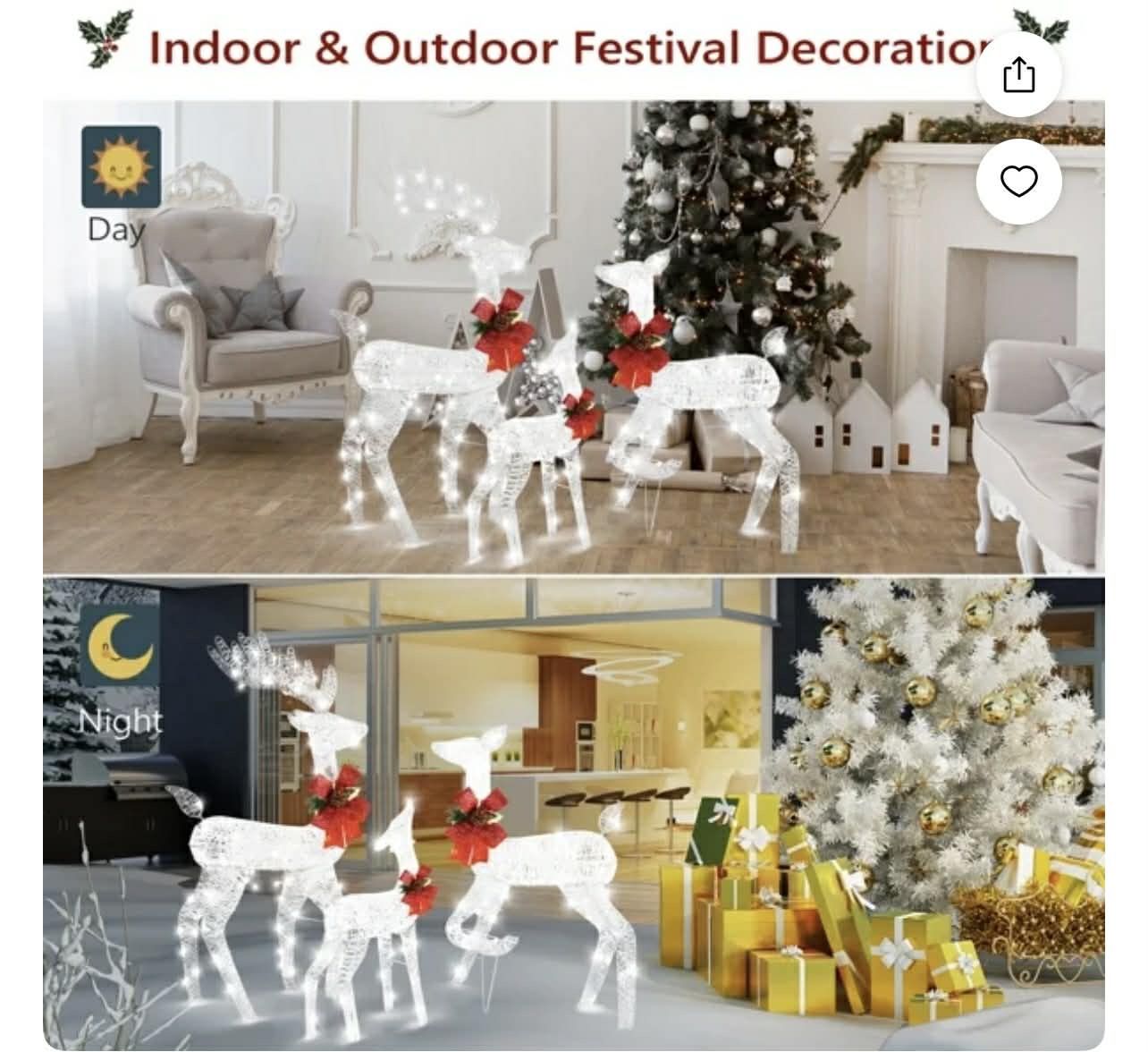 3-Piece Lighted 3D Christmas Reindeer Set Outdoor Yard Decoration 270 LED Lights, Stakes