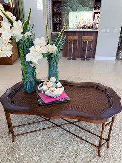 Maitland-Smith Regency Faux Bamboo Base Leather and Wicker Tray Top Coffee Table