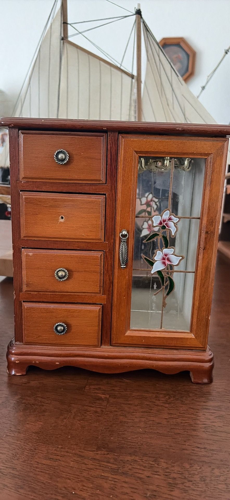 Wood Jewelry Box w/ Stained Glass Flower Door