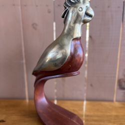 Vintage Brass and Hardwood Parrot Statue Sculpture Figurine