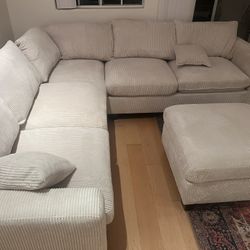 New Corduroy Fabric Sectional.  Off White / Beige.  99” X 99”.  Free Delivery!