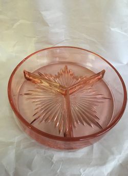 Vintage pink depression glass divided relish tray