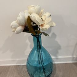 2 Tall Blue Glass Vase with Cream Faux Flowers