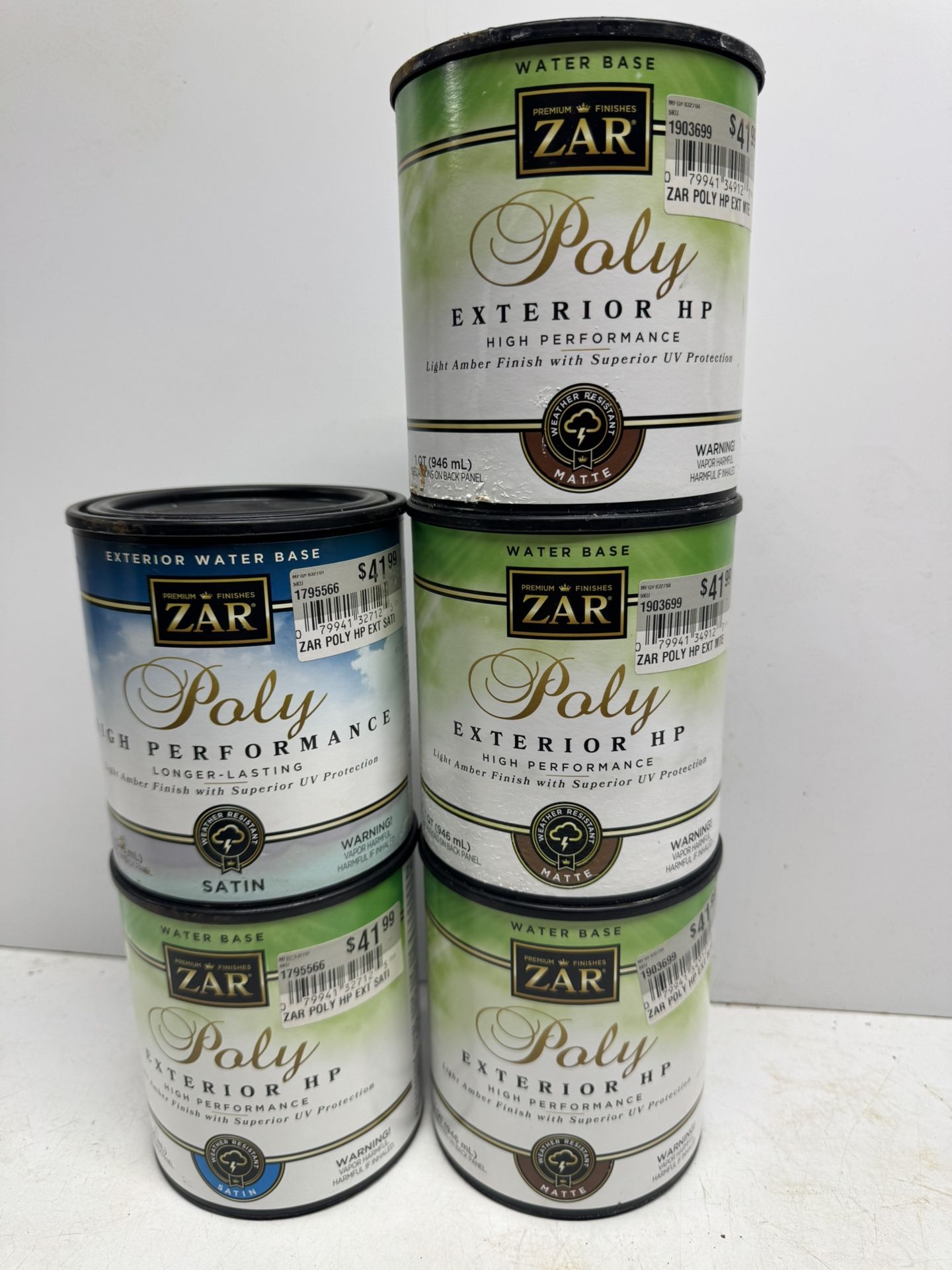 5 Cans Zar Poly Exterior Hp Satin And Matte. $15 Takes All 5. Must Pickup