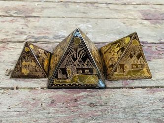 Egyptian Revival Brass Etched Pyramid Paperweights And Urn  Thumbnail
