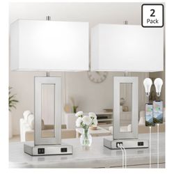 Modern Silver Table Lamps Set of 2, 28inch Tall Lamps for Living Room Bedroom with 2 USB Ports&AC Outlet, 3 Way Dimmable Touch Control Desk Lamps for