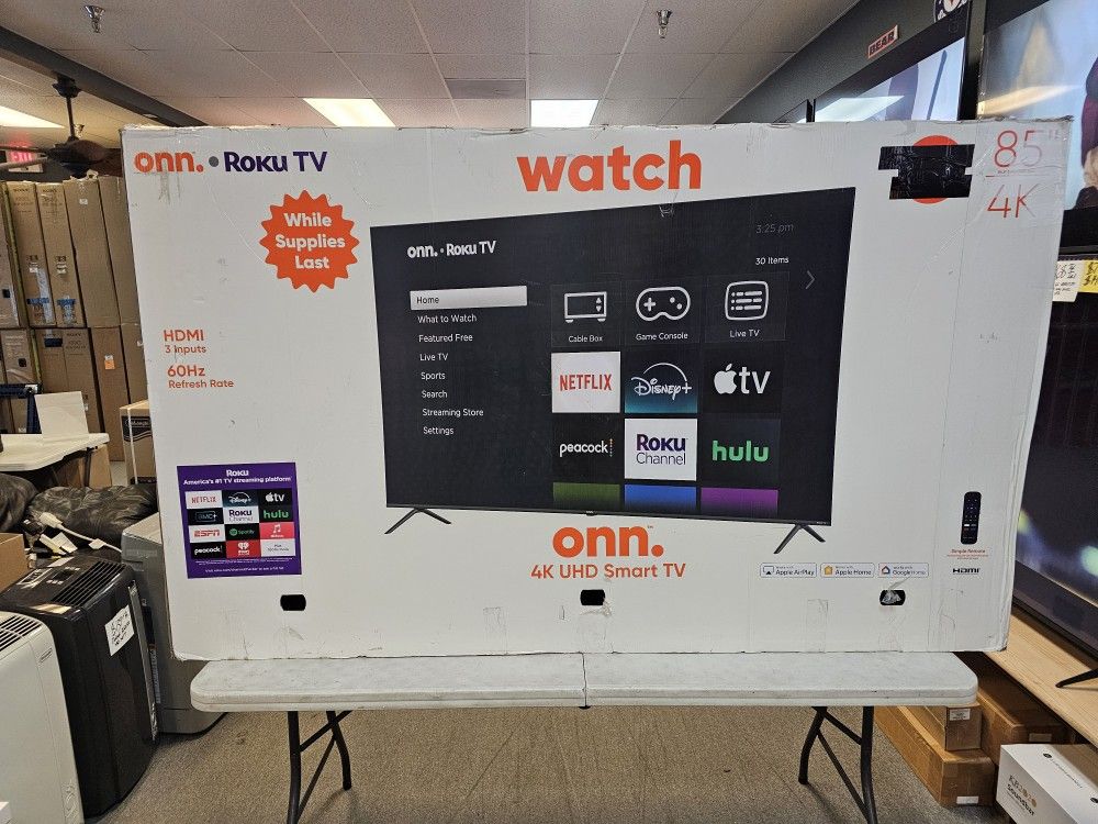 ONN 85 INCH UHD ROKU TV'S AVAILABLE NOW AIR PLAY BLUETOOTH W/WARRANTY - PAYMENT PLANS