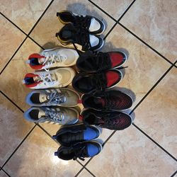 Different size shoes blues 1 reds #5 Adidas 61/2 red Jordan 5 red Nike #5  and whites 51/2