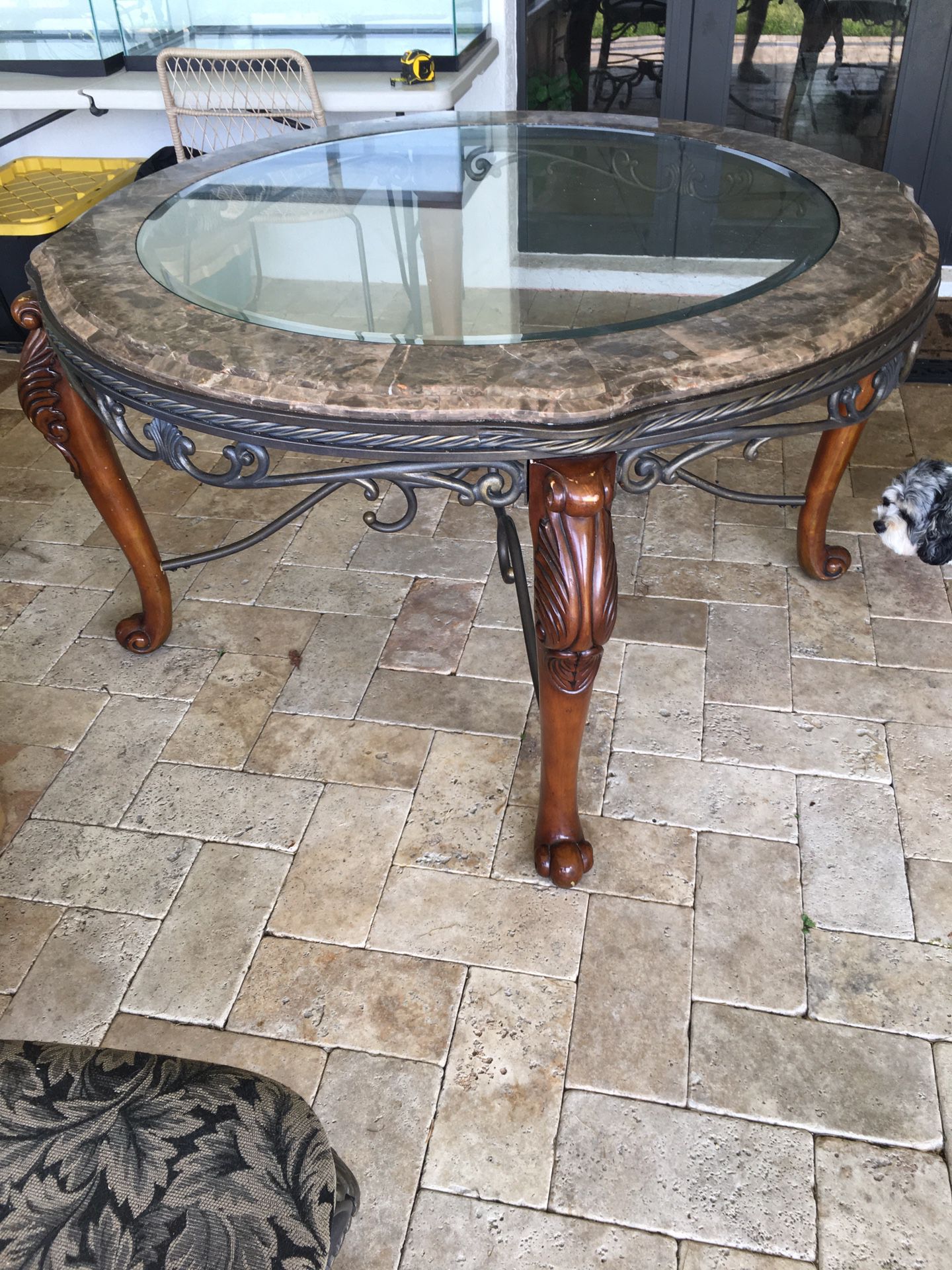 Round Glass Marble Table w/ Solid Wood Legs