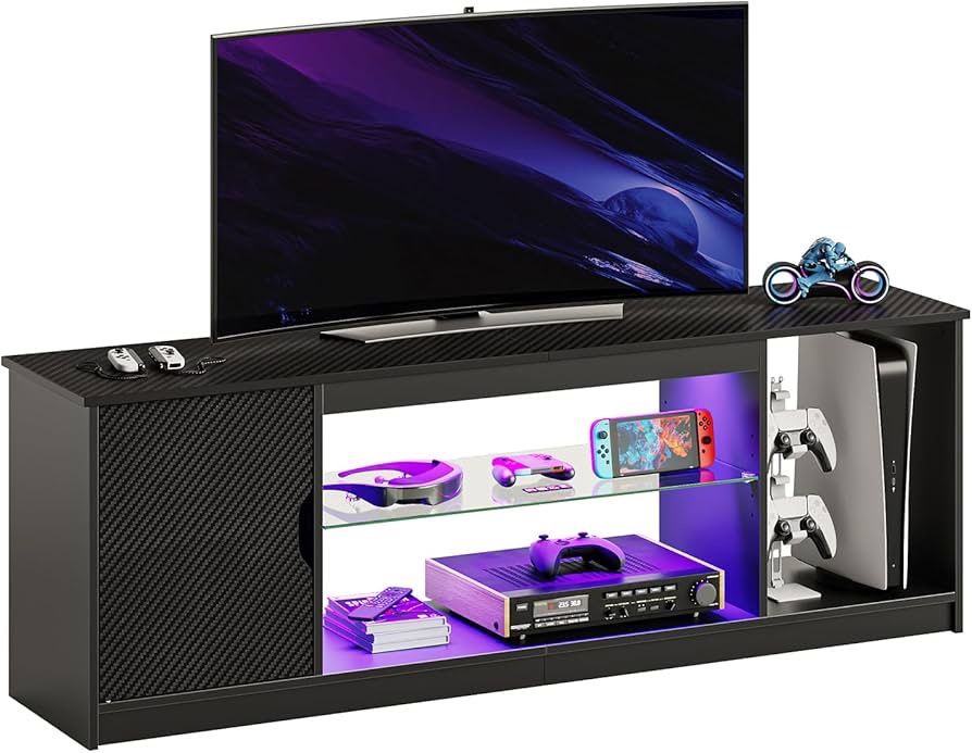 Bestier LED Entertainment Center for PS5, Gaming TV Stand with Cabinet 55/65 Inch TV, Modern TV Console with Adjustable Glass Shelf Living Room Bedroo