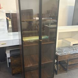 63'' Tall Brown Glass Display Dining China Cabinet,  4-Tier Wooden Curio Liquor Storage Lighted Hutch with Glass Door , Walnut