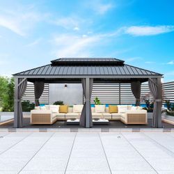 12' X 20' Hardtop Gazebo Outdoor Metal Gazebo Canopy with Galvanized Steel Double Roof, Aluminum Frame, Curtains and Netting for Patio, Deck, Garden, 