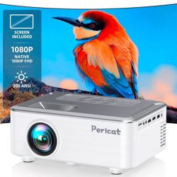 Projector with WIFI and Bluetooth, Outdoor Projector with 100” Screen, Pericat 200 ANSI 1080P HD Movie Projector with Built-in 15W Speaker, Compatible