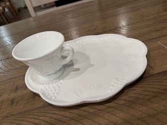 Milk Glass Snack Plate and Cup Set