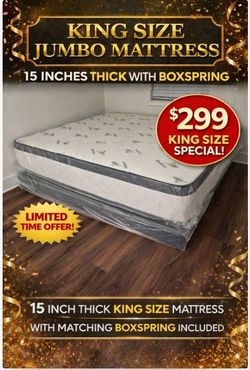 King size 15 inches jumbo pillowtop mattress with boxspring special