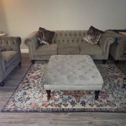 Abbyson Grand Chesterfield Tufted Sofa Living Room Set Armchairs Ottoman