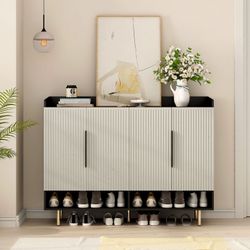 Contemporary Shoe Storage Sideboard with Adjustable Shelves, Black and Cream
