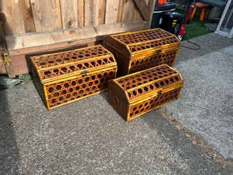 3 Matching Wooden and Wicker Chest Boxes