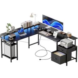Modern L-Shaped Computer Desk with Storage Shelves & Drawer, 66" Corner Home Office Desk, Large Gaming Desk with RGB Lights & Power Outlets, Workstati
