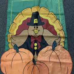 Large 28” x 40” thanksgiving embroidered turkey with pumpkins double sided garden