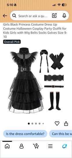 Girls Black Princess Costume Dress Up Costume Halloween Cosplay Party Outfit for Kids Girls with Wig Belts Socks Golves