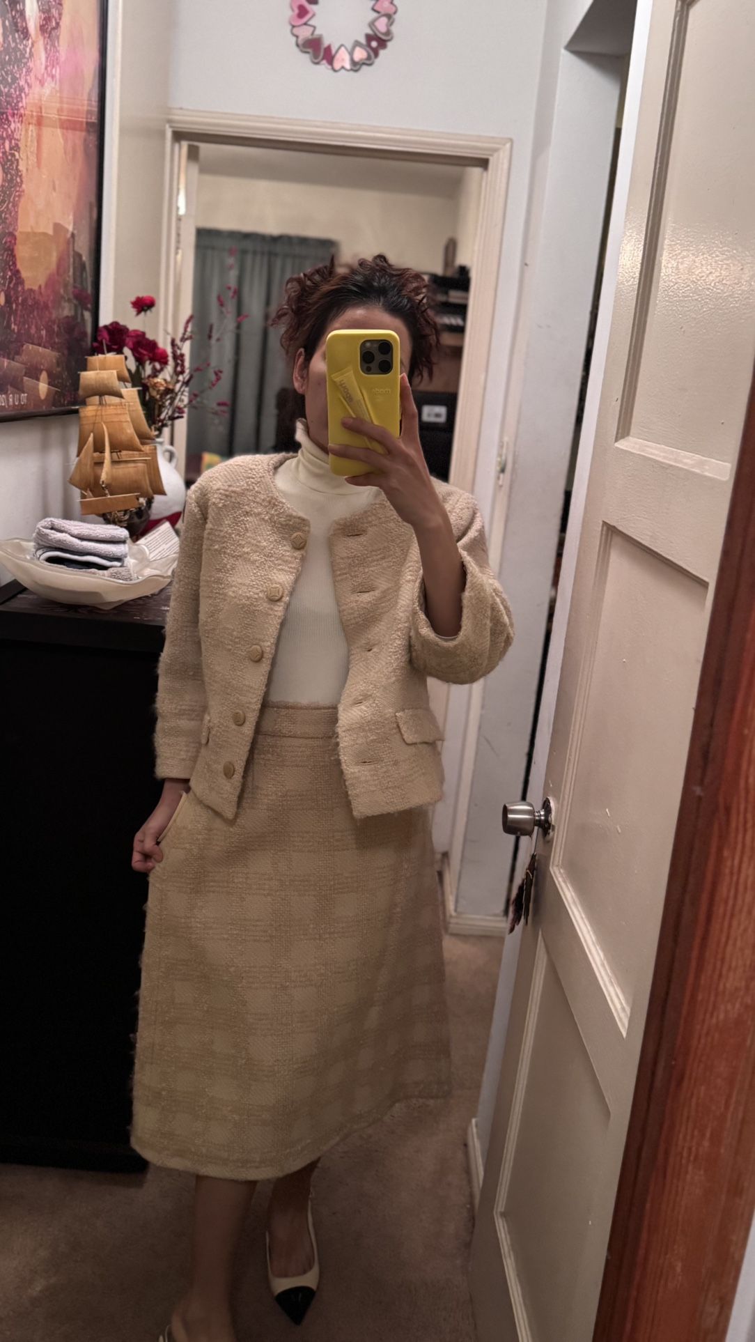 Vintage Textured Wool Skirt Suit Set with Jacket and Pencil Skirt 1960s
