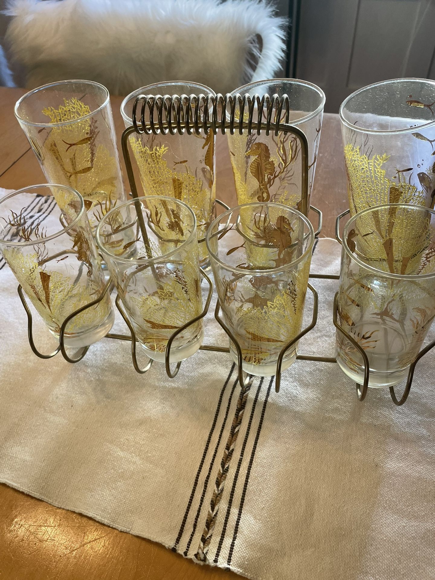 Vintage MCM Marine Life Gold Collins Glassware With Caddy