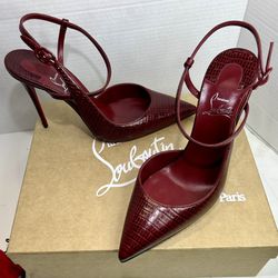 NEW CHRISTIAN LOUBOUTIN JENLOVE STRAPPY PUMPS LIZARD EMBOSSED LEATHER BURGUNDY