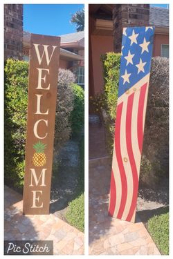 Wooden Vertical double-sided American Flag Welcome Sign